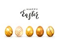 Golden Easter Eggs and Lettering Happy Easter on White Background Royalty Free Stock Photo