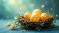 Golden easter eggs nestled in a rustic bird\'s nest, adorned with delicate spring blossoms on a teal surface. Generative AI Royalty Free Stock Photo