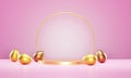 Golden Easter eggs and product podium stage on pastel pink table. Easter holiday product showcase mockup. Luxury gold and bronze