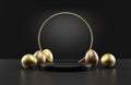 Golden Easter eggs and product podium stage with spotlight on black table. Easter holiday product showcase mockup. Luxury gold and