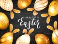 Golden Easter Eggs with Rabbit Ears on Black Chalkboard Background