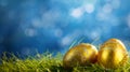 Golden Easter eggs on the grass on a blue background Royalty Free Stock Photo