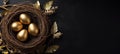 Golden Easter eggs in a straw nest decorated with golden leaves on a black background. Wide banner with copy space Royalty Free Stock Photo