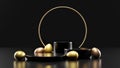 Golden Easter eggs and tree product podium stage with spotlight on black table. Easter holiday product showcase mockup. Luxury