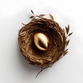 Golden egg in a bird\'s nest on a white background. 3d render Royalty Free Stock Photo