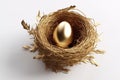 Golden egg in a bird\'s nest on a white background. 3d render Generative AI. Royalty Free Stock Photo