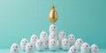 A golden egg with a crown sits triumphantly atop a pyramid of sad white eggs, symbolizing the theme of abuse of power and social Royalty Free Stock Photo