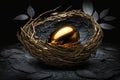 A golden egg in a dark nest decorated with black leaves. A golden egg as a symbol of good luck, wealth and health.