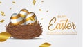 Golden egg decorative on the bird nest with golden confetti for easter party invitation Royalty Free Stock Photo