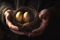 Golden egg hands. Generate Ai Royalty Free Stock Photo