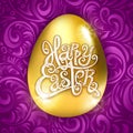Golden egg happy Easter with decorative purple background floral pattern vector illustration. art Royalty Free Stock Photo