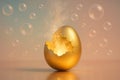 Golden egg hatching releasing bright light and smoke with soap bubbles floating on a reflective surface, creating a magical and Royalty Free Stock Photo