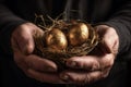 Golden egg holding nest. Generate Ai Royalty Free Stock Photo