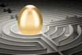 Golden egg inside labyrinth maze. Easter hunt eggs concept, 3D r