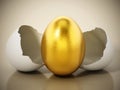 Golden egg inside regular white egg shell. 3D illustration