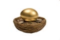 Golden Egg Laying On Coins In Nest Royalty Free Stock Photo