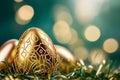 Golden egg with lovely patterns rests on lush grass, glimmering in soft light at a festive celebration Royalty Free Stock Photo