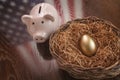Golden Egg, Nest and Piggy Bank with American Flag Reflection Royalty Free Stock Photo