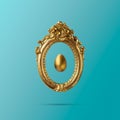 Golden egg in old golden vintage frame. Minimal elegant Easter composition