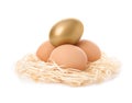 Golden egg among others in nest on white Royalty Free Stock Photo