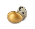 Golden egg and quail one on white background Royalty Free Stock Photo