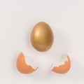 Golden egg went out of egg with broken shell. Royalty Free Stock Photo