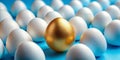 Golden Egg Among White Macro, Blue Background, Uniqueness Concept Royalty Free Stock Photo