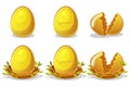 Golden Eggs in birds nest of twigs. Vector Easter symbol. Normal, damaged and broken. Royalty Free Stock Photo