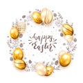 Golden Eggs and Happy Easter on White Background Royalty Free Stock Photo