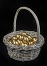 Golden eggs lie in a silver basket