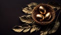 Golden eggs nest dark black backgroundA background celebrating Easter Top view copy space Flatlay Luxury Minimal trend happy Royalty Free Stock Photo