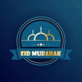 Golden Eid Mubarak Font With Linear Mosque Dome, Stars On Blue