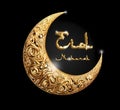 Golden Eid Mubarak Greeting on Dark Background Crescent Moon with Intricate Details