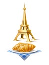 Vector eiffel tower french croissant at dish set