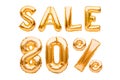 Golden eighty percent sale sign made of inflatable balloons isolated on white. Helium balloons, gold foil numbers. Sale