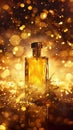 Golden Elegance: Perfume Bottle Amidst Sparkling Dust. Generative ai