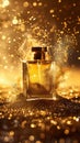 Golden Elegance: Perfume Bottle Amidst Sparkling Dust. Generative ai