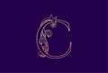 Golden Elegant Luxury Initial Letter C with Swirl Floral Ornament Logo and Dark Violet Background