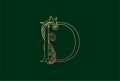 Golden Elegant Luxury Initial Letter D with Swirl Floral Ornament Logo and Dark Green Background