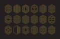 Golden elegant and modern assorted isolated thin outline pointy hexagon shapes emblems icons set design elements on black
