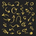 Golden elegant sketch hand drawn random doodle direction arrows set on black Royalty Free Stock Photo