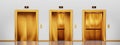 Golden elevator with closed, ajar and open lift doors in hallway. Empty office lobby interior, hotel or waiting area Royalty Free Stock Photo