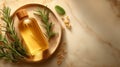 Golden elixir atop marble, aromatic rosemary infusion, luxury scent. Rosemary, Aromatherapy Royalty Free Stock Photo