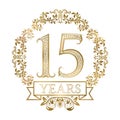 Golden emblem of fifteenth years anniversary in vintage style