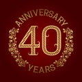 Golden emblem of fortieth anniversary. Celebration patterned sign on red