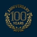 Golden emblem of hundredth years anniversary. Celebration patterned logotype