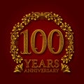 Golden emblem of hundredth years anniversary. Celebration patterned logotype with shadow on red