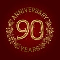 Golden emblem of ninetieth anniversary. Celebration patterned sign on red