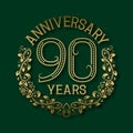 Golden emblem of ninetieth years anniversary. Celebration patterned logotype