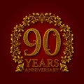 Golden emblem of ninetieth years anniversary. Celebration patterned logotype with shadow on red